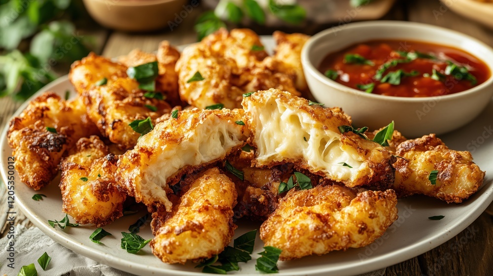 Crispy fried cheese bites served with marinara sauce in a rustic setting Crispy fried cheese bites served with marinara sauce in a rustic setting