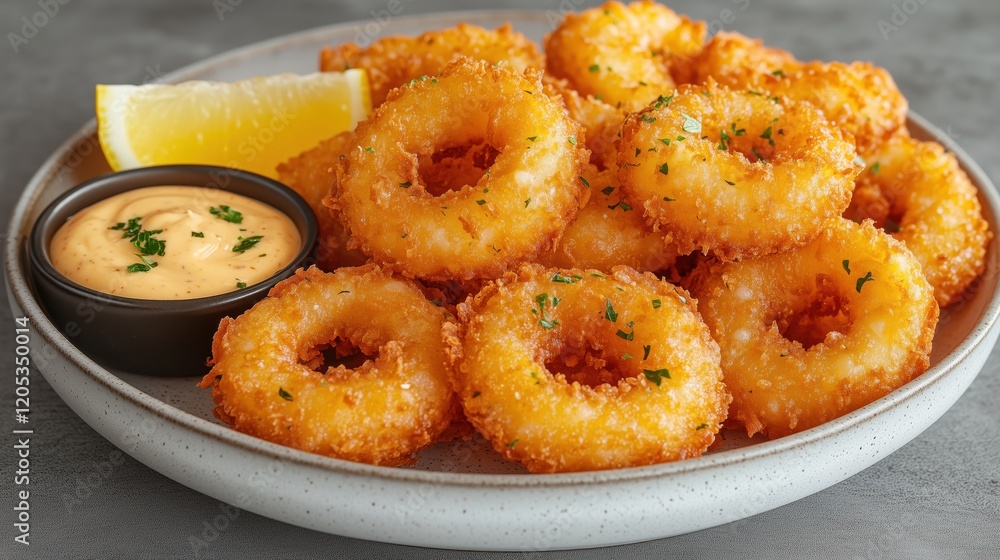 Crispy fried onion rings served with dipping sauce and lemon wedge on a round plate Crispy fried onion rings served with dipping sauce and lemon wedge on a round plate