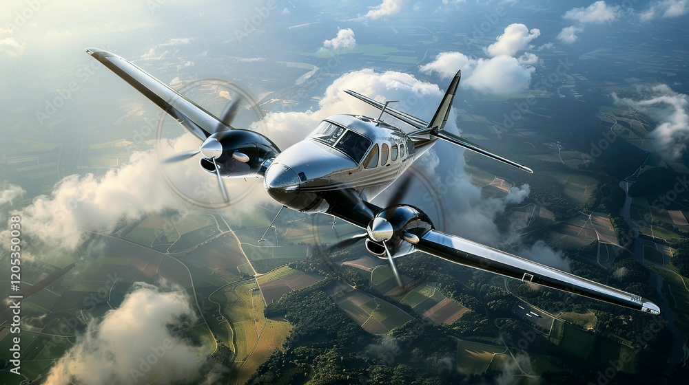 Naklejka premium A photo of a small propeller plane flying over