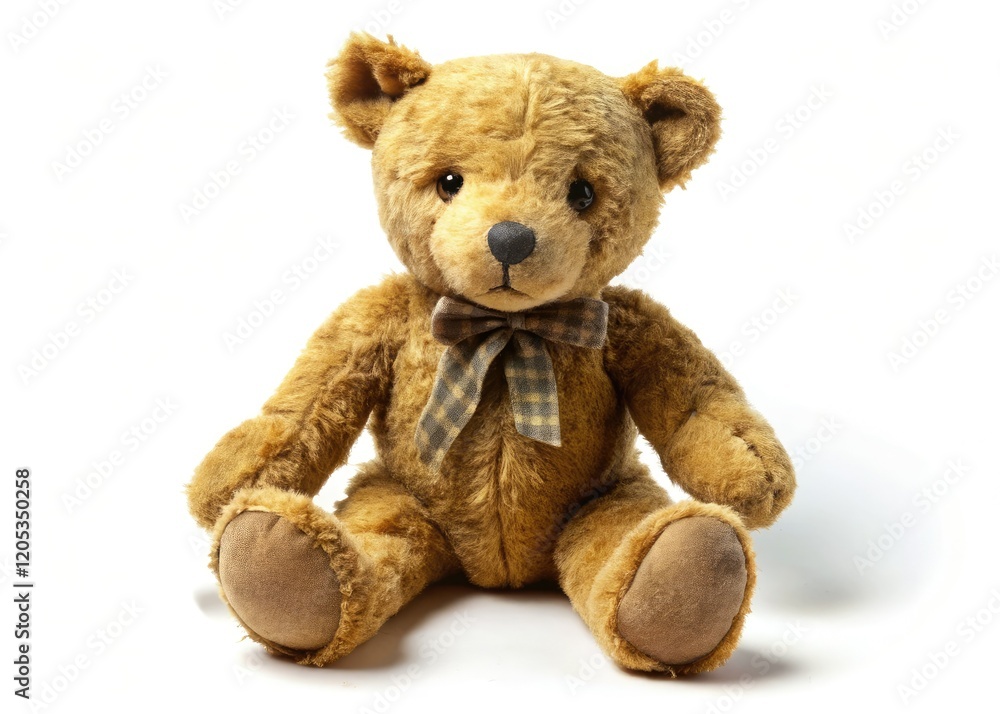 Fototapeta premium A vintage stuffed bear, photographed by drone against a stark white backdrop; its antique plush charm is captivating.