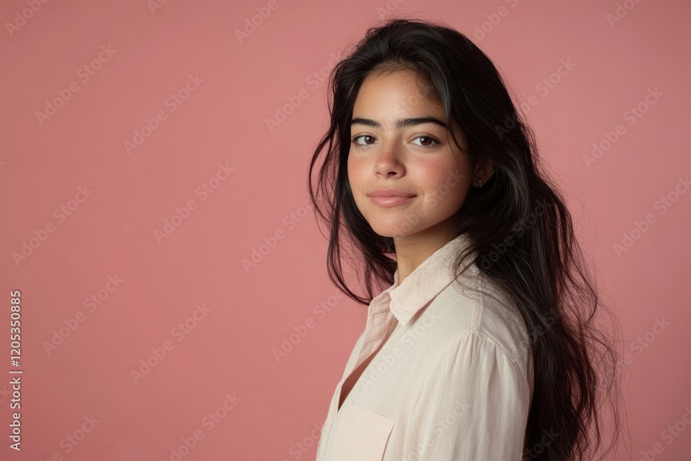 Happy Latin Woman Walking in Casual Style Against Pastel Pink Background Happy Latin Woman Walking in Casual Style Against Pastel Pink Background