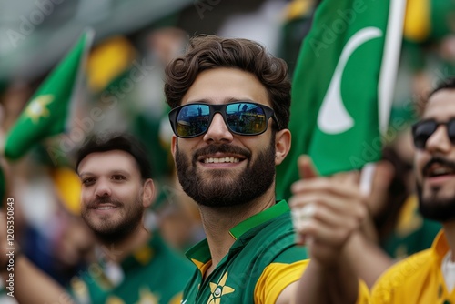 A smiling cricket fan wearing sunglasses and a green jersey with yellow accents, surrounded by a jubilant crowd waving Pakistan flags at a lively stadium photo