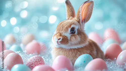 Beautiful bunny surrounded by decorative Easter eggs in vivid close-up