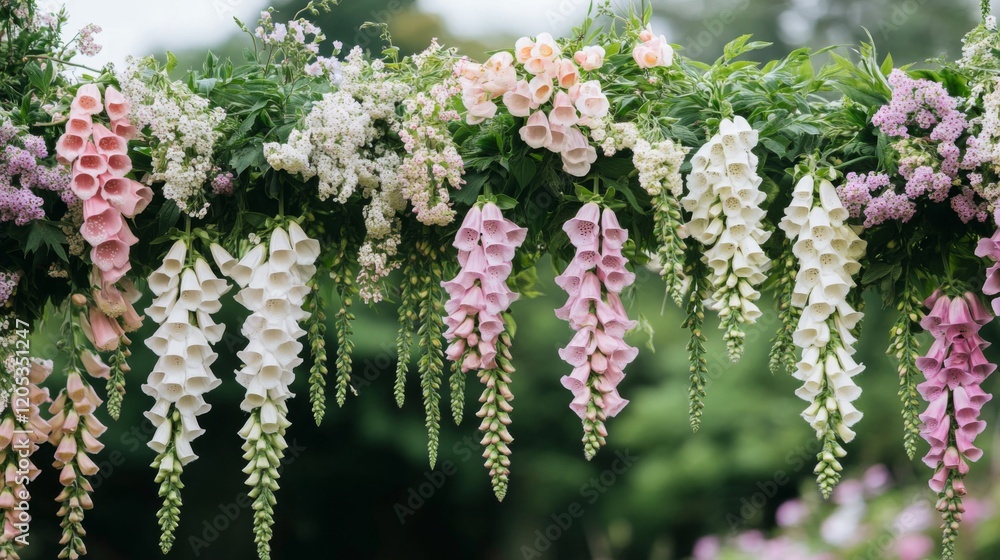 Delicate pink and white foxglove blossoms hanging elegantly Delicate pink and white foxglove blossoms hanging elegantly