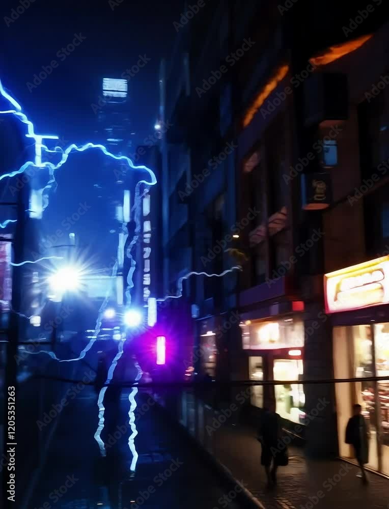 Urban Thunder: A vibrant electric blue lightning bolt illuminates a city street at night, creating a dramatic contrast against the backdrop of neon lights and bustling urban life. Urban Thunder: A vibrant electric blue lightning bolt illuminates a city street at night, creating a dramatic contrast against the backdrop of neon lights and bustling urban life.