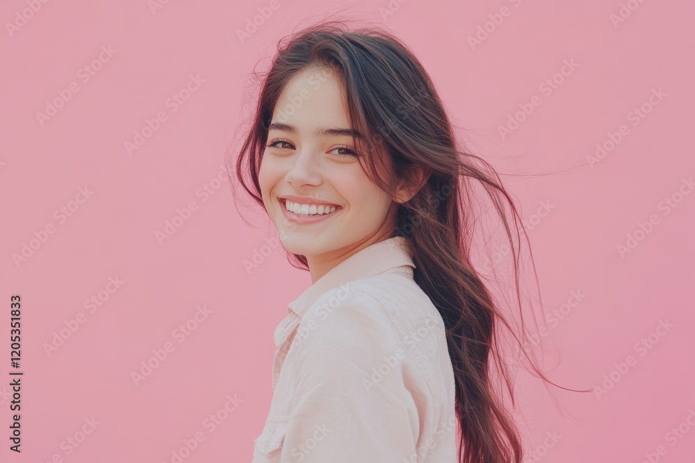 Happy Latin Woman Walking in Casual Style Against Pastel Pink Background Happy Latin Woman Walking in Casual Style Against Pastel Pink Background