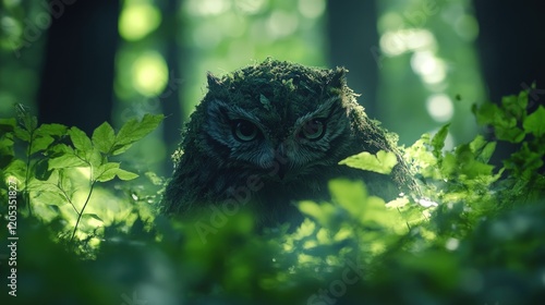Camouflaged owl in mossy forest greenery.