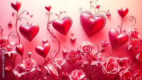 A warm golden-lit scene filled with whimsical flowers and hearts perfect for Valentine's Day. 
