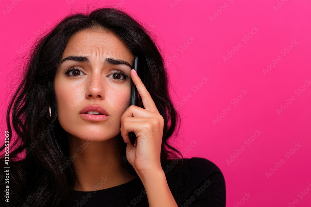 Fototapeta premium A woman holds a cell phone and talks against a bright pink background