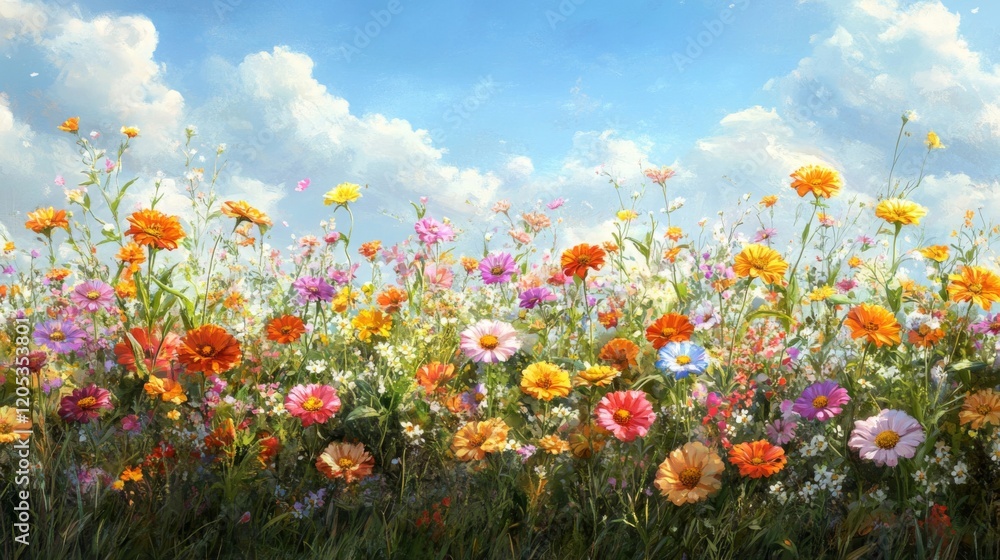 Obraz premium Vibrant Wildflowers Bloom Under a Sunny Sky
