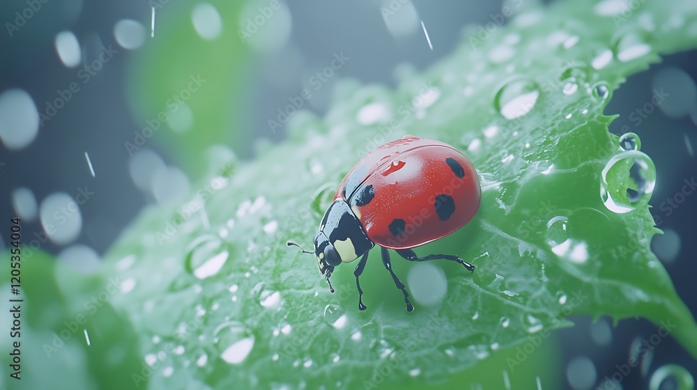 Obraz premium Ladybug on a Dew Covered Leaf in the Rain Macro Nature Photography