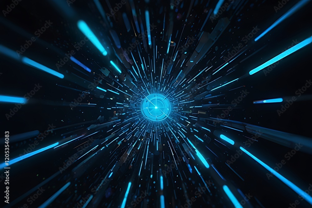Fototapeta premium A dynamic visualization of light streaks converging towards a central point, suggesting motion.