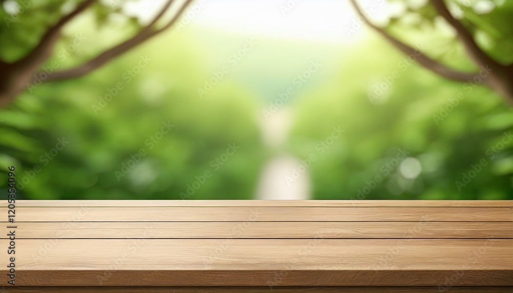 Wood desk table top with green nature blur background. Empty plank wooden table for product replacement Wood desk table top with green nature blur background. Empty plank wooden table for product replacement