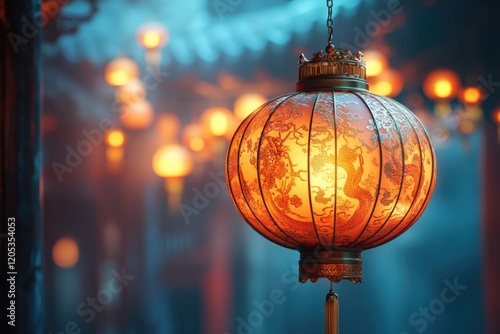 A single lit lantern hangs from a chain in a dark setting, ready to light the way photo