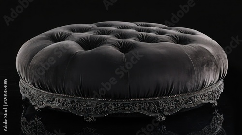 A luxurious dark charcoal pouf bed with soft velvet upholstery and intricate embroidery around the edges, isolated on a black background. The pouf bed has a rich, elegant design .