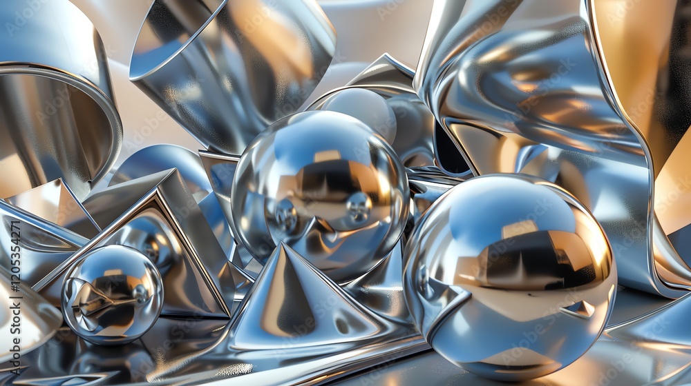 A collection of metallic geometric shapes, including spheres, cylinders, and pyramids, reflecting light and creating a dynamic and abstract composition. A collection of metallic geometric shapes, including spheres, cylinders, and pyramids, reflecting light and creating a dynamic and abstract composition.