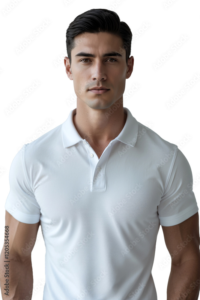 Portrait of American man wearing plain white polo shirt isolated on white background Portrait of American man wearing plain white polo shirt isolated on white background