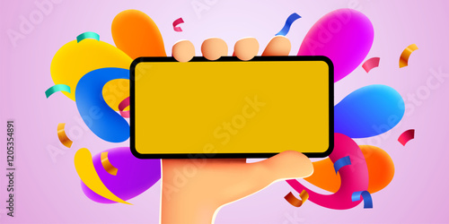 Cute 3D cartoon hand holding mobile smart phone. Phone mockup. Color explosion. Touching screen with finger.