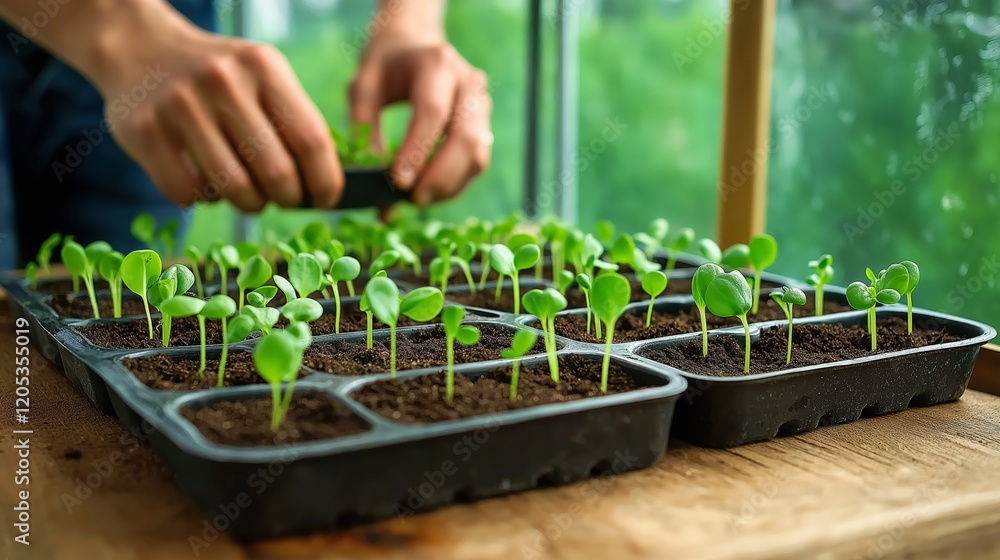 Hands arranging young seedlings in black trays on a wooden table, surrounded by vibrant green sprouts and natural daylight from a greenhouse window Hands arranging young seedlings in black trays on a wooden table, surrounded by vibrant green sprouts and natural daylight from a greenhouse window