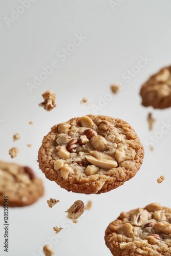 A group of cookies suspended in mid-air, perfect for whimsical illustrations or advertisements photo