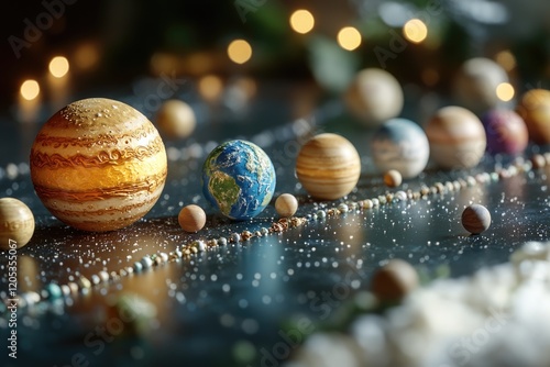 A detailed scale model of the solar system displayed on a flat surface, suitable for educational or scientific purposes photo