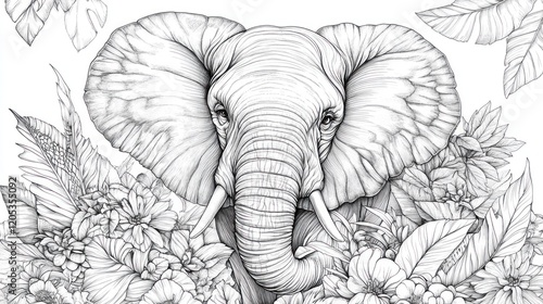 A majestic elephant with detailed wrinkles and textures, with jungle leaves and flowers surrounding it, designed for an intricate and nature-themed coloring page  photo