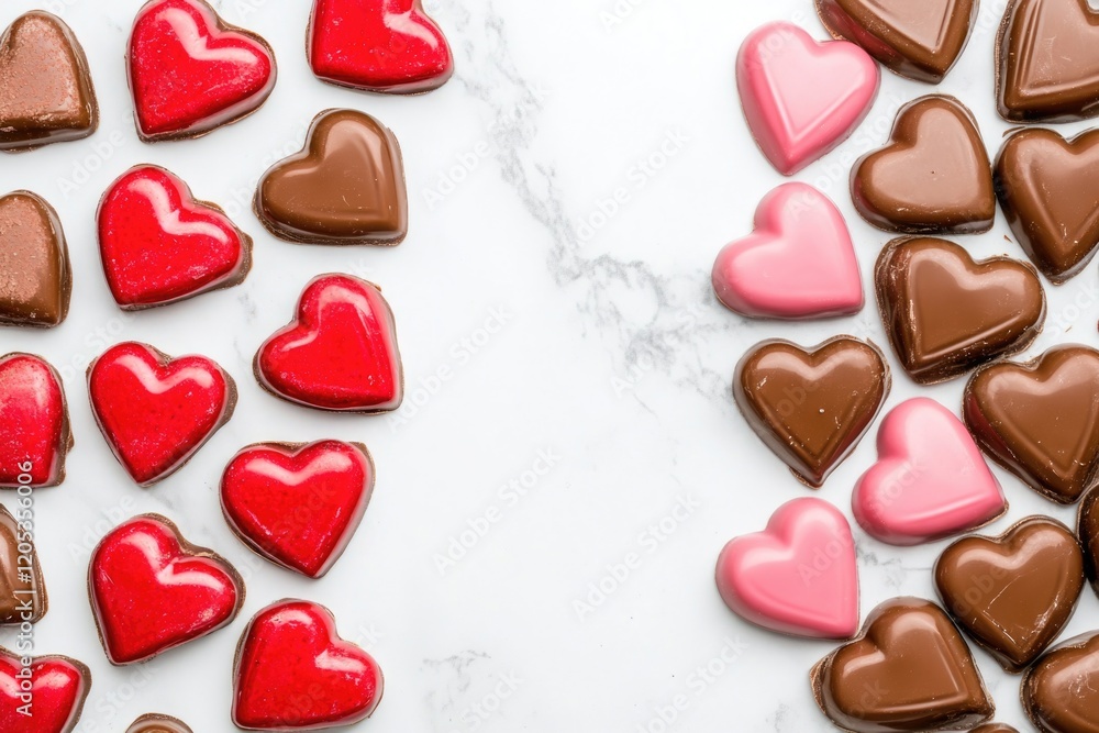 A colorful table setting filled with plenty of chocolate hearts for Valentine's Day or romantic celebrations A colorful table setting filled with plenty of chocolate hearts for Valentine's Day or romantic celebrations