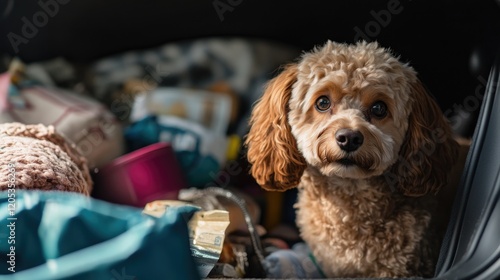 Dog sitting in the backseat of a car, calm and relaxed photo