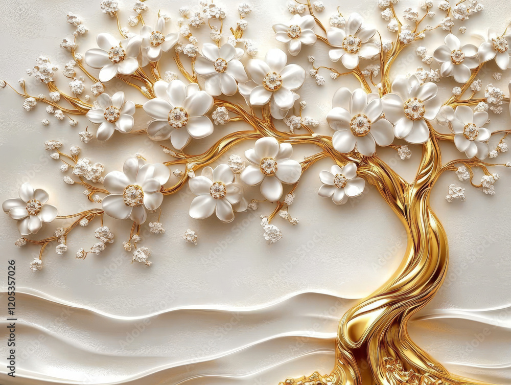 Golden Blossom Tree: A 3D rendered illustration of a stylized tree with a golden trunk adorned with delicate white blossoms, creating a breathtaking image that embodies elegance, prosperity. Golden Blossom Tree: A 3D rendered illustration of a stylized tree with a golden trunk adorned with delicate white blossoms, creating a breathtaking image that embodies elegance, prosperity.