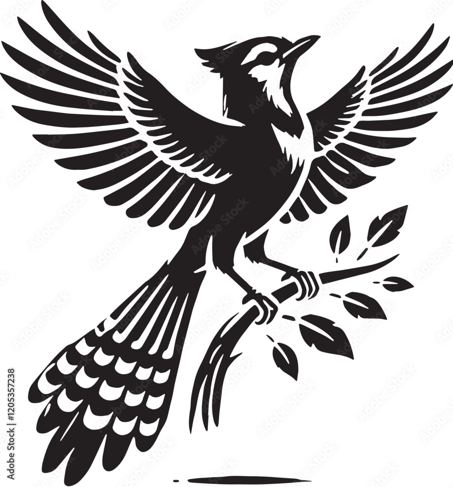 Fototapeta premium Black Color Blue Jay Silhouette Vector Illustration, Solid White Background. minimal vector design