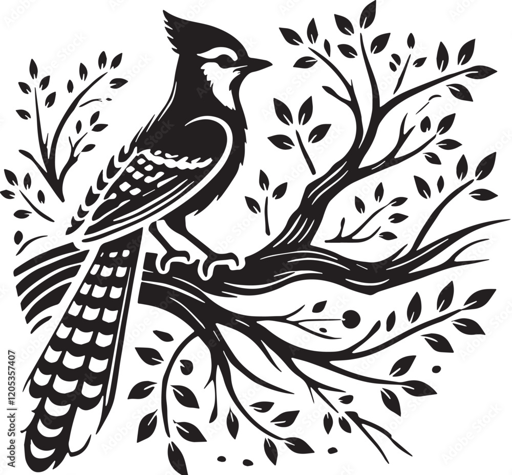 Naklejka premium Black Color Blue Jay Silhouette Vector Illustration, Solid White Background. minimal vector design