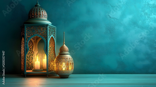 Vintage Ramadan lantern illuminating the night sky with stars and blurred background with copy space. Green theme Ramadan background with lanterns on edges and corners blurred mosque behind.