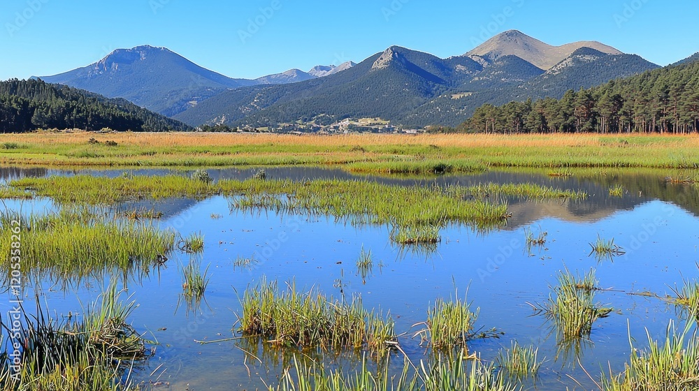 Fototapeta premium Mountain lake wetland reflection, scenic vista, travel poster