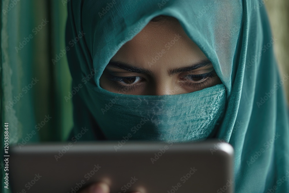 Woman using tablet with hijab Woman using tablet with hijab