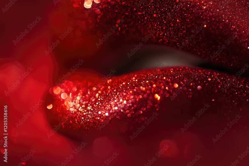 A close-up shot of a red lip with glitter applied, suitable for use in beauty or fashion contexts A close-up shot of a red lip with glitter applied, suitable for use in beauty or fashion contexts