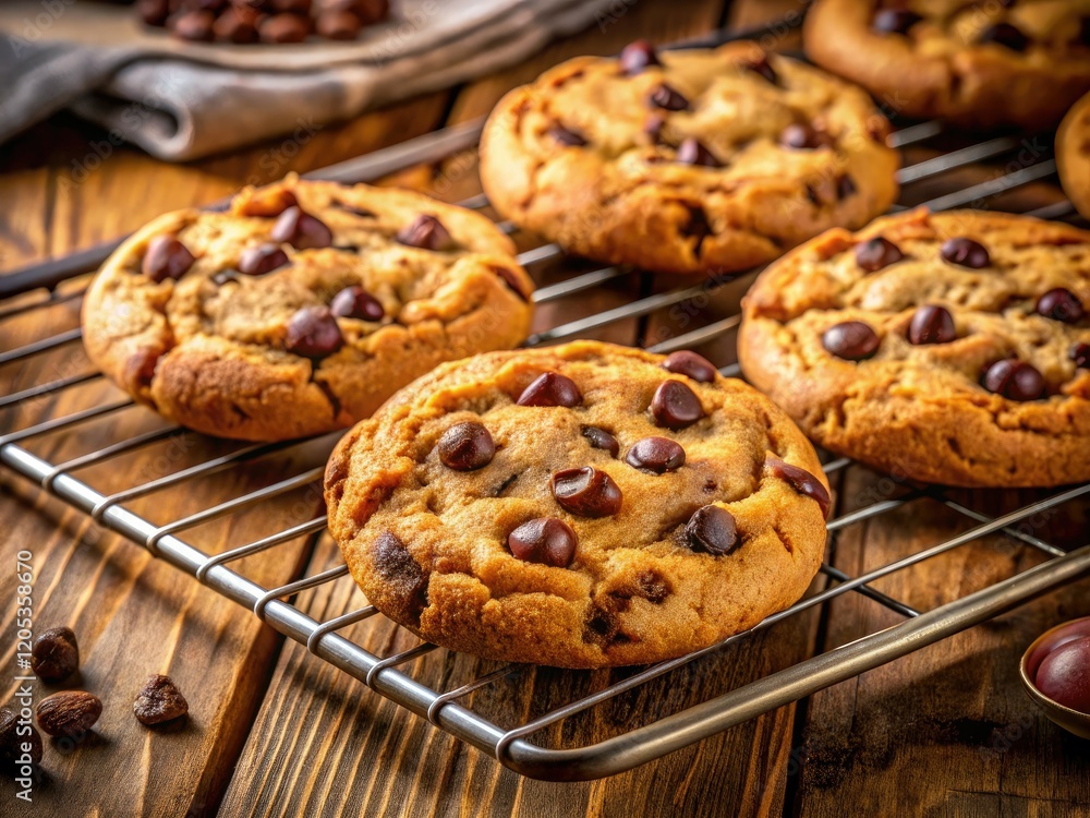 Golden-brown chocolate chip cookies, cooling on a rack, beckoning with homemade deliciousness. Golden-brown chocolate chip cookies, cooling on a rack, beckoning with homemade deliciousness.