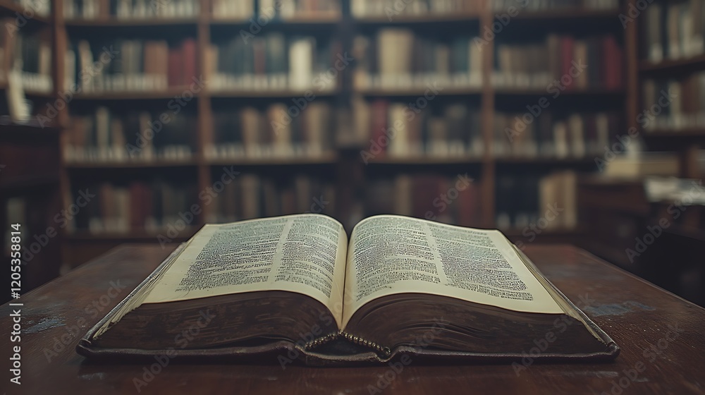 Fototapeta premium A close up of an open book on a table with blurred background