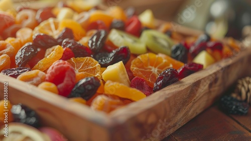 A photo of dried fruit mix in a wooden tray.