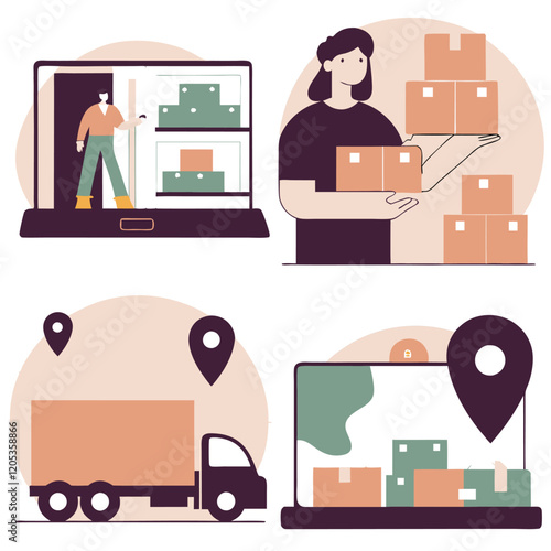 Vibrant Delivery Icons: Logistics & Shipping Flat Design Set box van map boat truck cargo train drone