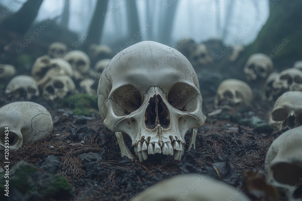 A group of skulls sit atop trees in a dense forest, with leaves and branches surrounding them A group of skulls sit atop trees in a dense forest, with leaves and branches surrounding them