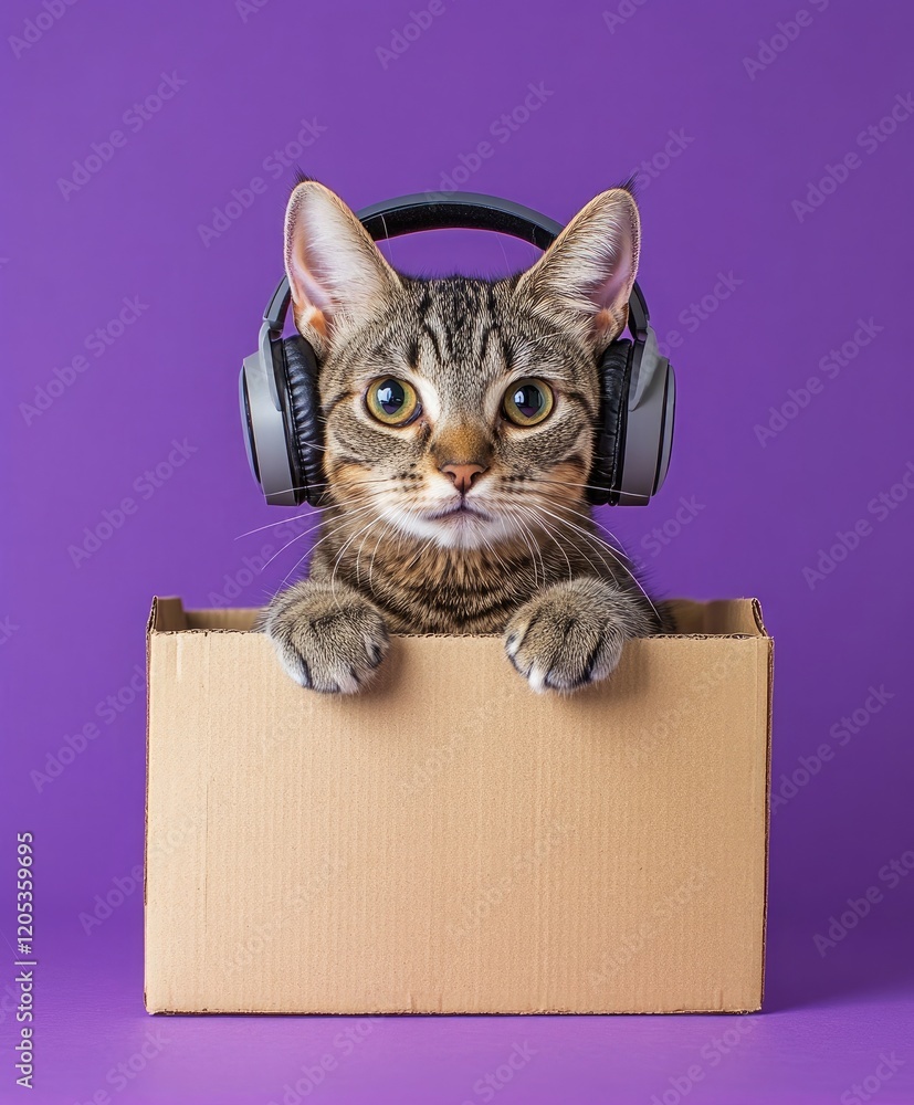 A cute cat wearing headphones peeking out from the bottom right corner, with its head and shoulders visible on a purple background, wearing grey earphones A cute cat wearing headphones peeking out from the bottom right corner, with its head and shoulders visible on a purple background, wearing grey earphones