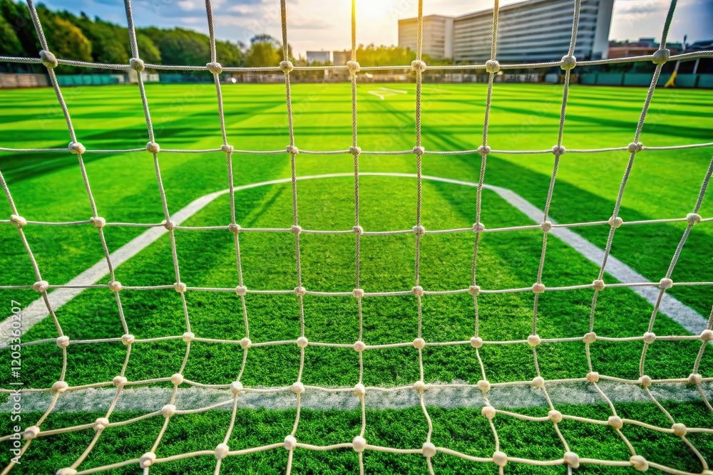 Fototapeta premium High-resolution image: Soccer goal net, artificial turf, stadium view, showcasing the athletic field's vibrant green.