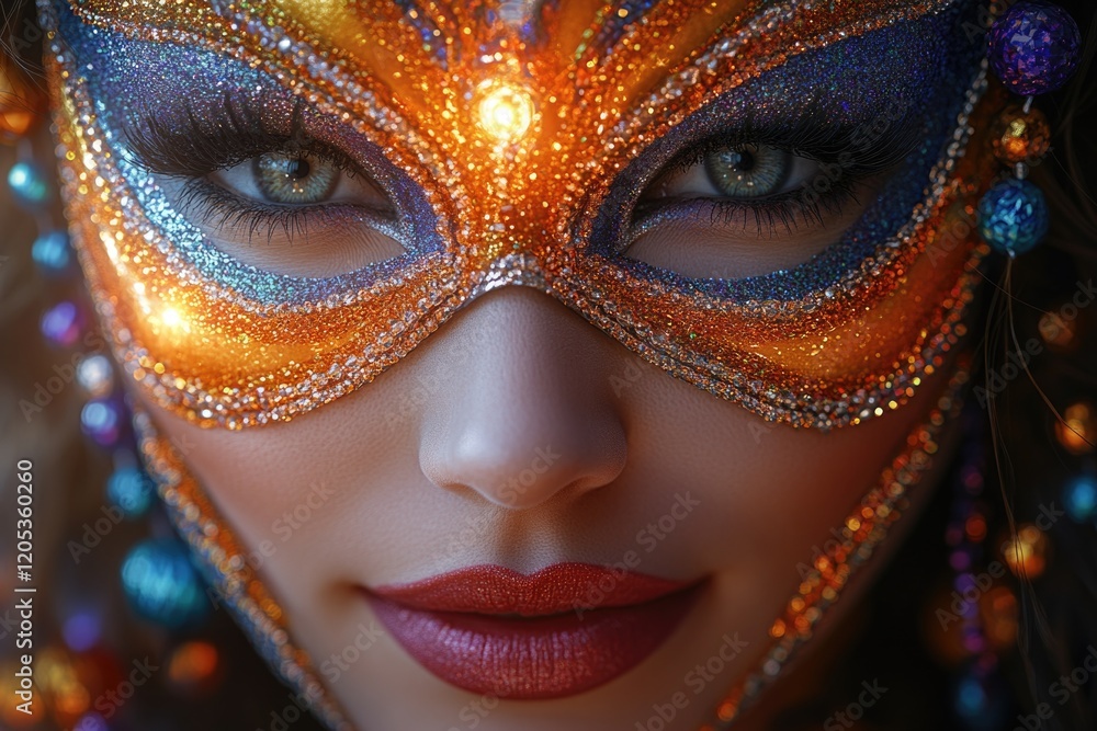 A close-up view of a woman's face, wearing a colorful and intricate carnival mask A close-up view of a woman's face, wearing a colorful and intricate carnival mask