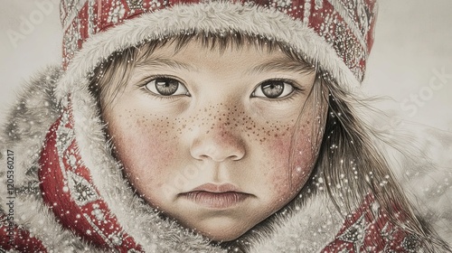 Portrait of a Serene Greenlandic Child in National Costume on Arctic Tundra photo