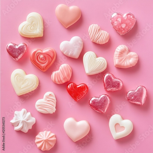 Colorful candies arranged on a pink surface, perfect for sweet treats and decorative purposes