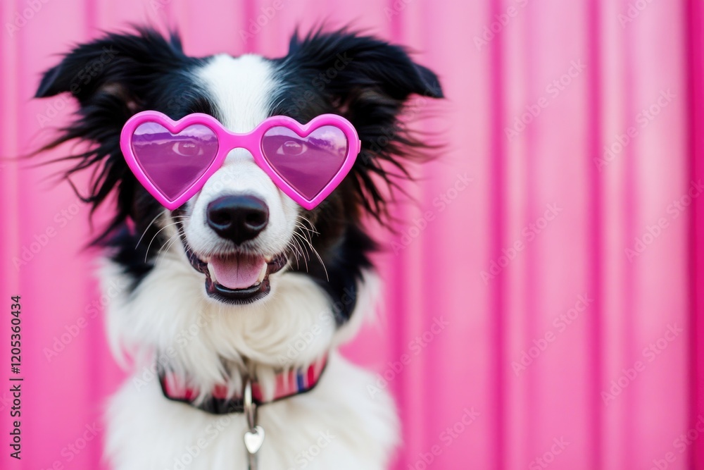A happy black and white dog wearing pink heart-shaped sunglasses A happy black and white dog wearing pink heart-shaped sunglasses