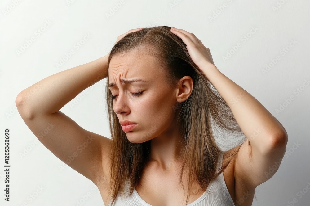 A woman with her hands on her head, possibly in a state of distress or frustration A woman with her hands on her head, possibly in a state of distress or frustration