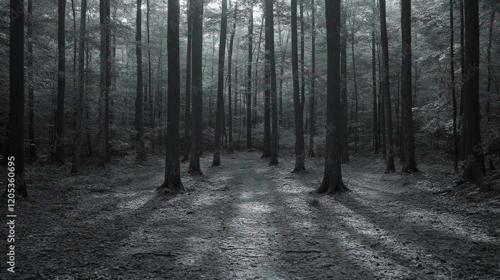 Dark forest path, sunlight, tall trees. Dark forest path, sunlight, tall trees.