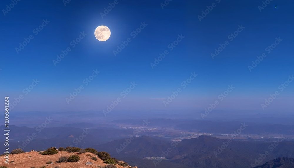 Full Moon Over Vast Mountain Landscape at Night Full Moon Over Vast Mountain Landscape at Night
