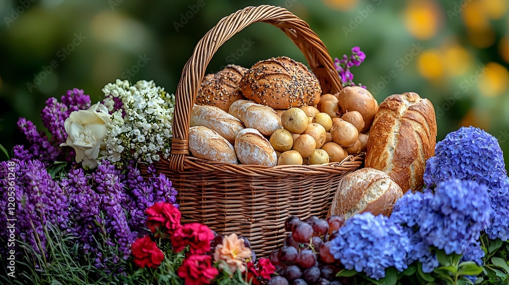 Basket of bread, fruit, and flowers. Basket of bread, fruit, and flowers.